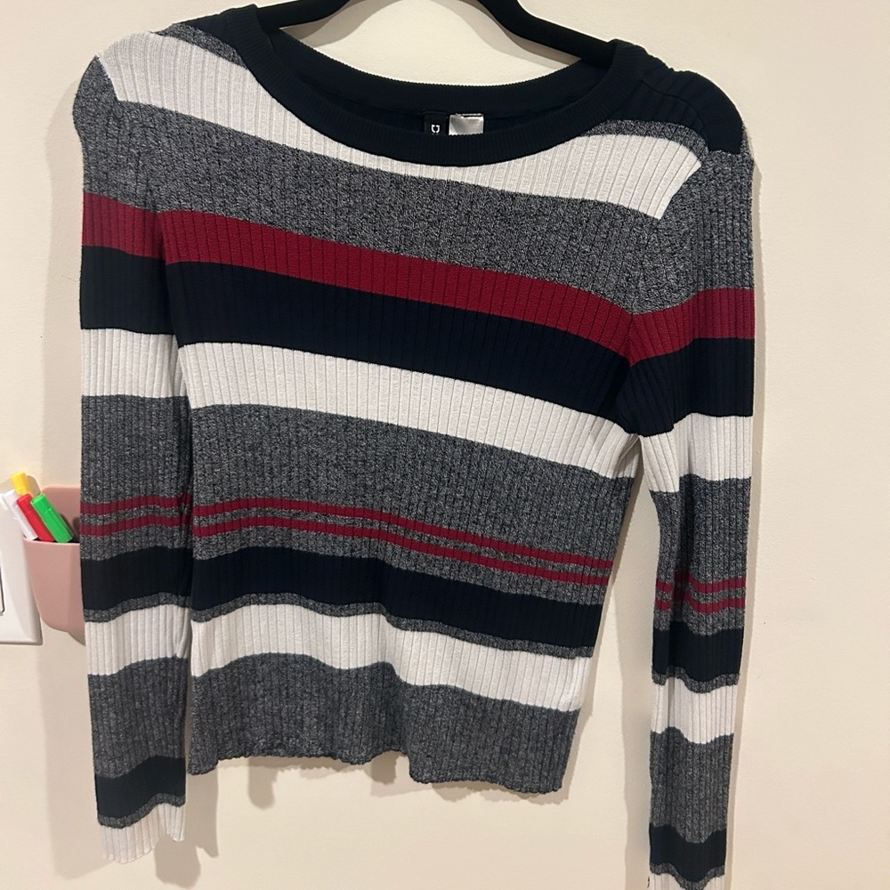 Grey maroon and white striped long sleeve